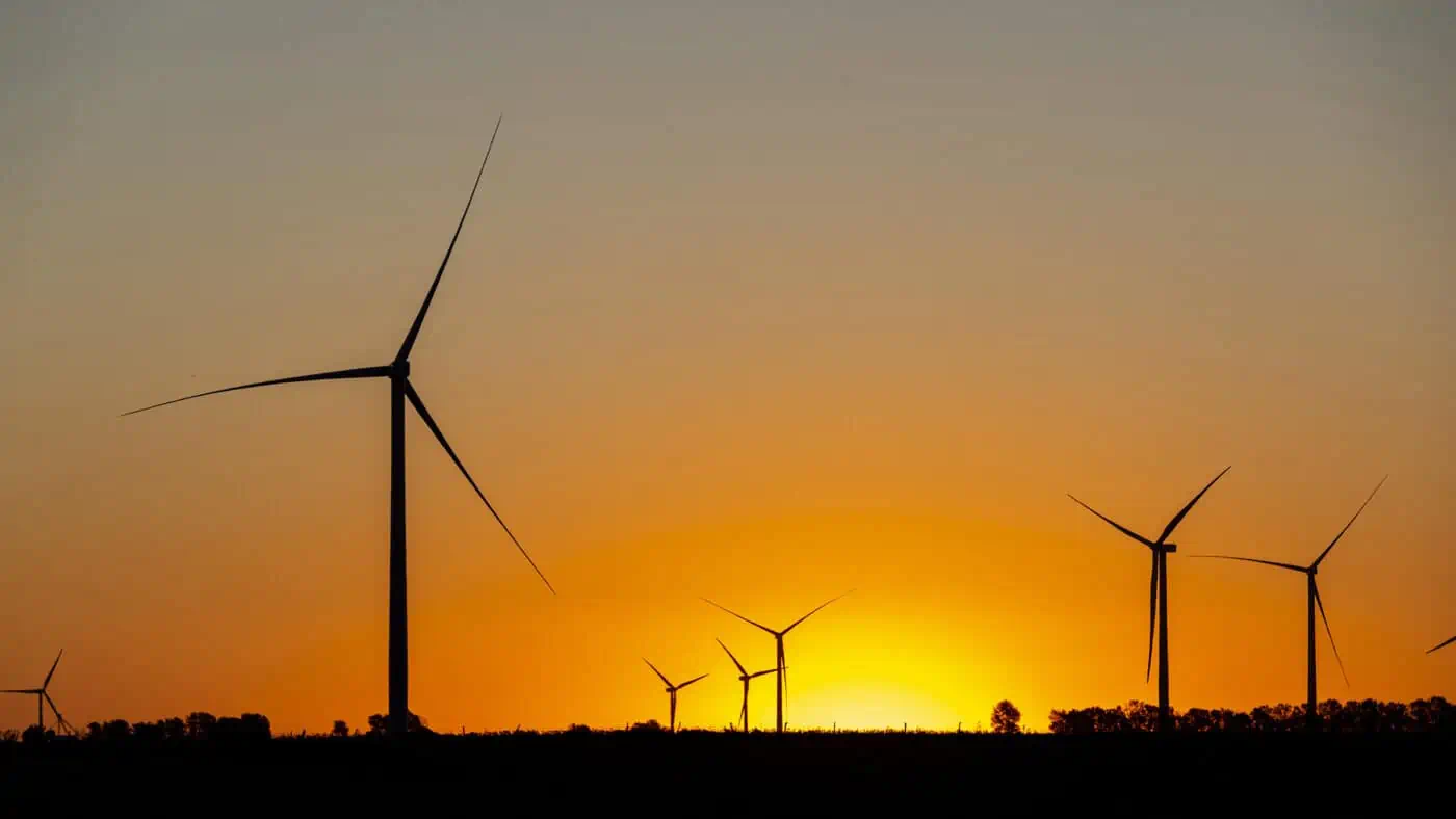 Lone Tree Wind Farm Construction Project Field of Turbines at Sunset