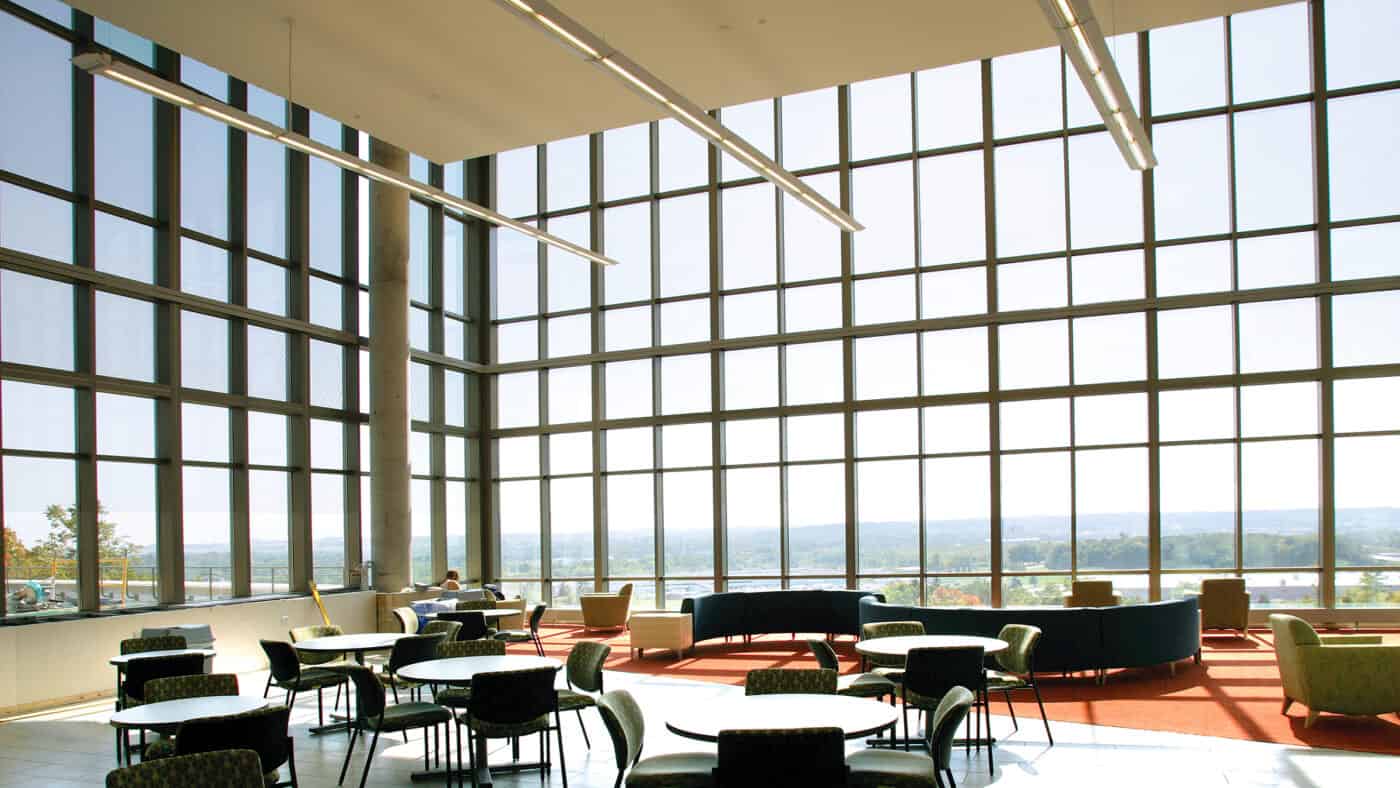 St. Olaf College - Regents Hall Building Interior with Seating Area Overlooking Scenic View of Northfield, MN